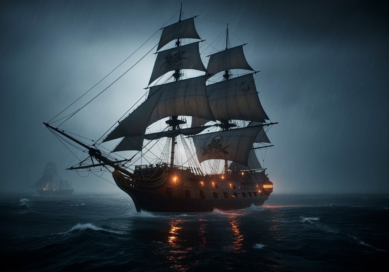 Steampunk Pirate Ship in Stormy Twilight