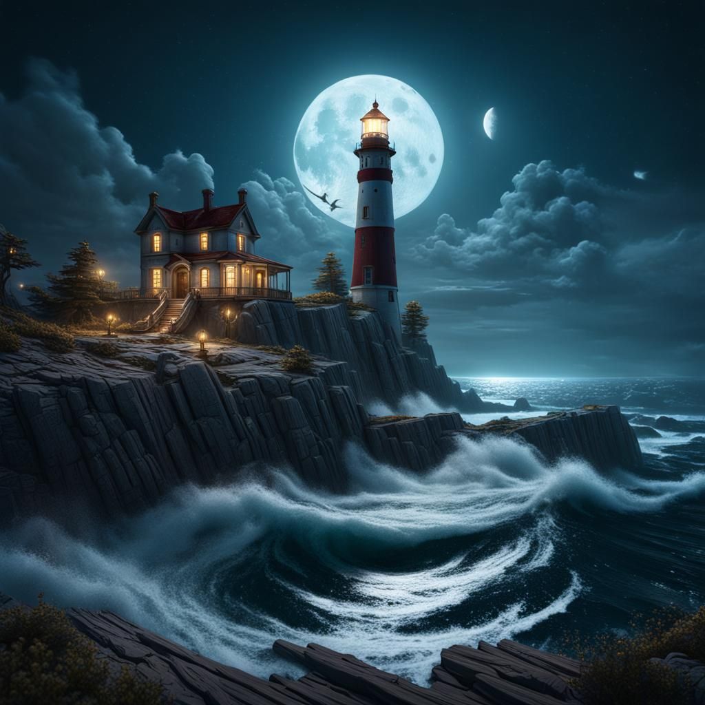 Moonlight on Wood Island Light house.