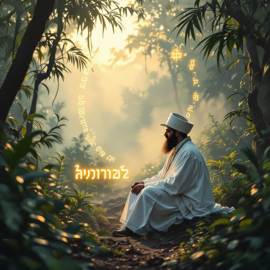 Breslov Chassid Walking Through Misty Jungle, Digital Art