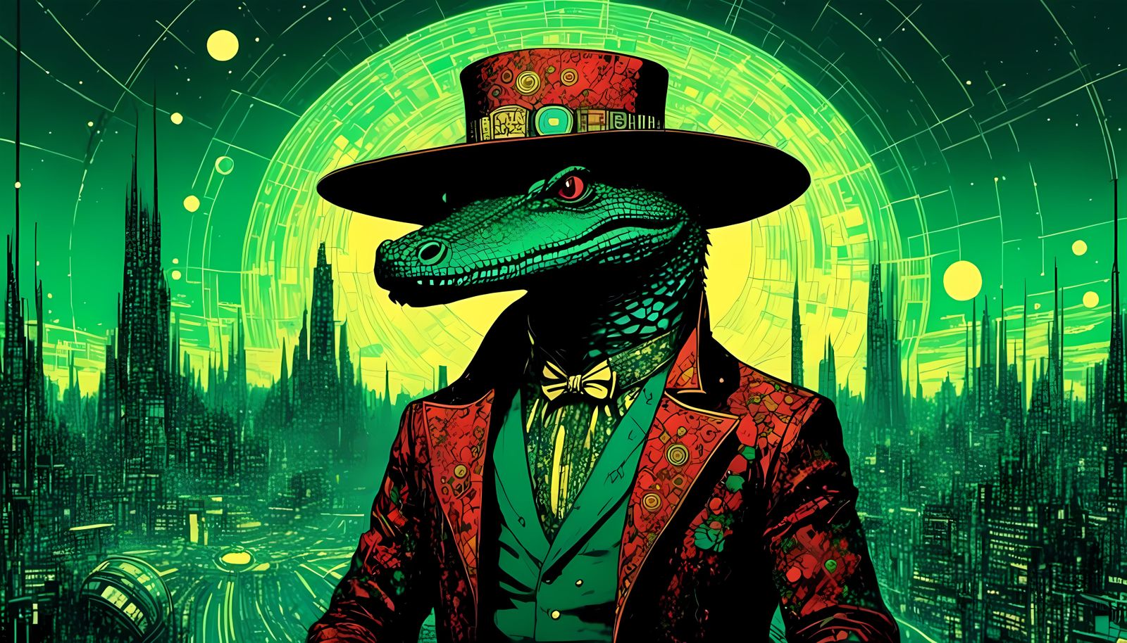 Alligator Gentleman in Solarpunk Cityscape, Comic Book Style
