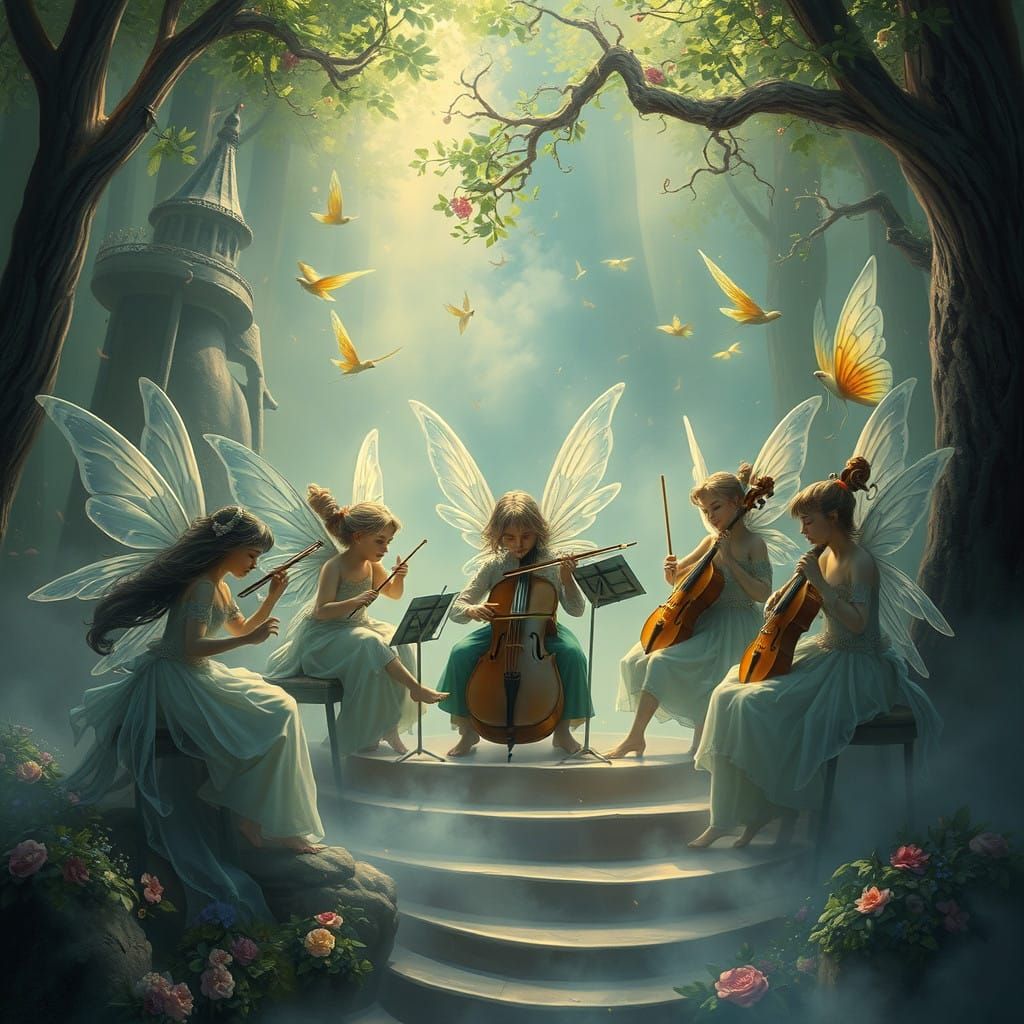 Whimsical Fairies Play Ethereal Music in Enchanted Orchestra