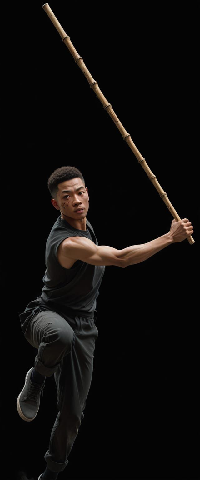 Dynamic Dancer Leaps with Vibrant Bamboo Stick in Urban Land...