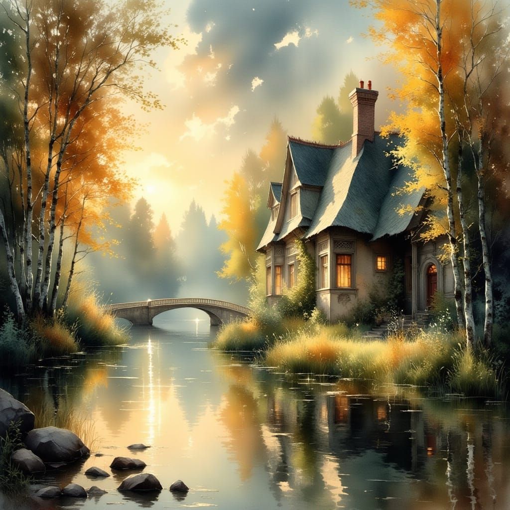 beautiful autumn landscape with vibrant trees and stream, al...