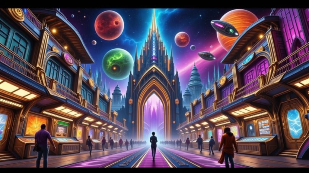 Bustling Alien Marketplace in Gothic Space Station