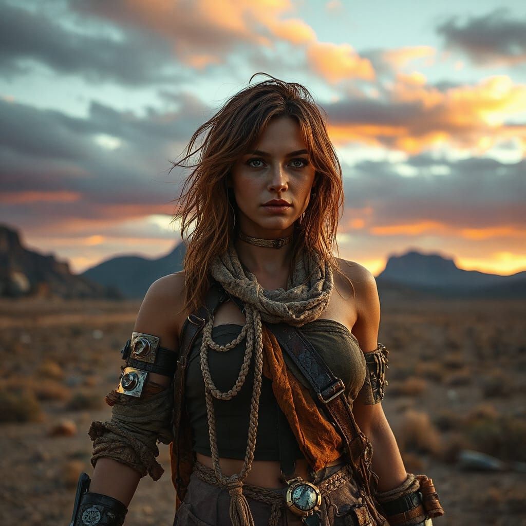 Cybernetic Warrior Woman in Post-Apocalyptic Landscape