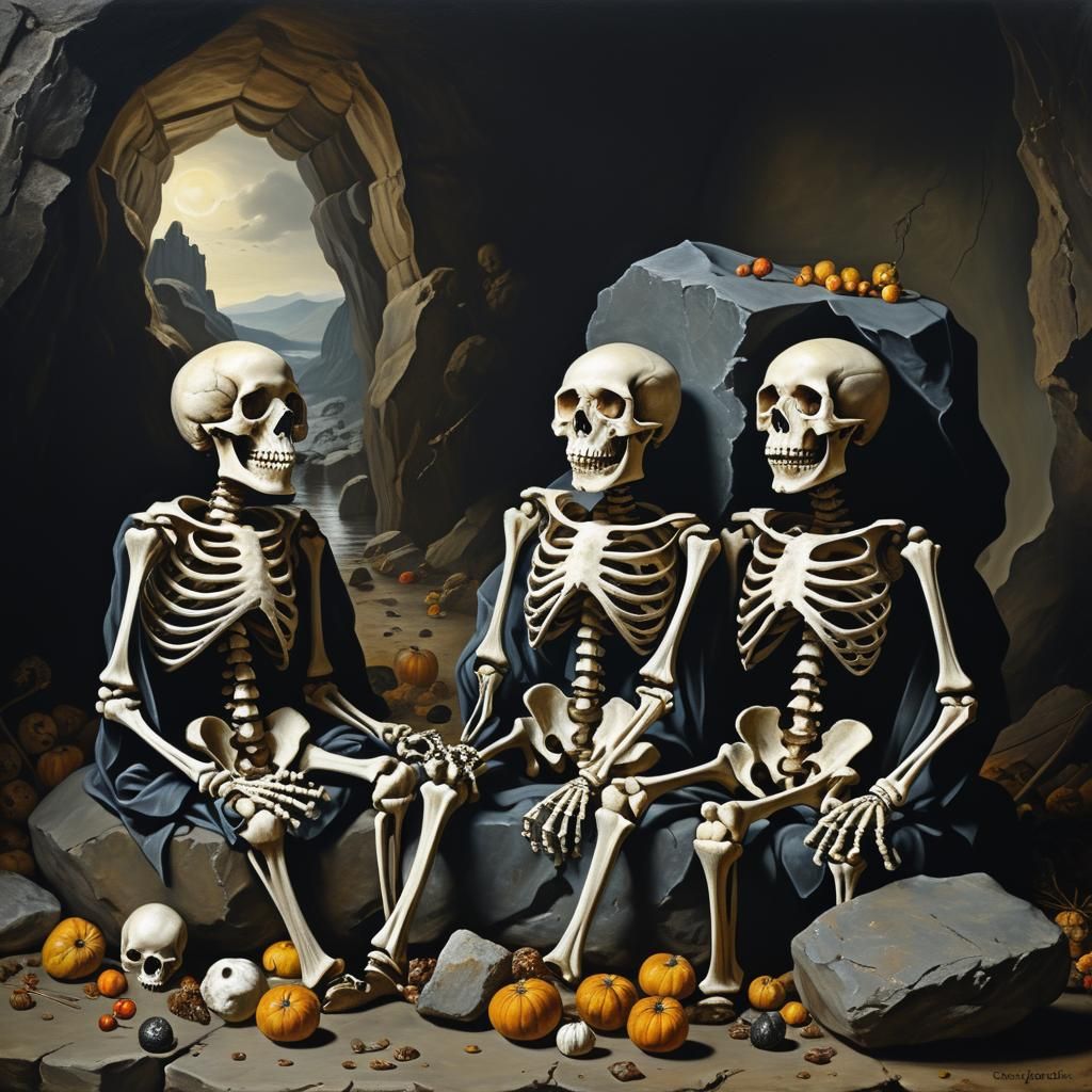 Skeletal Figures in a Surrealist Landscape