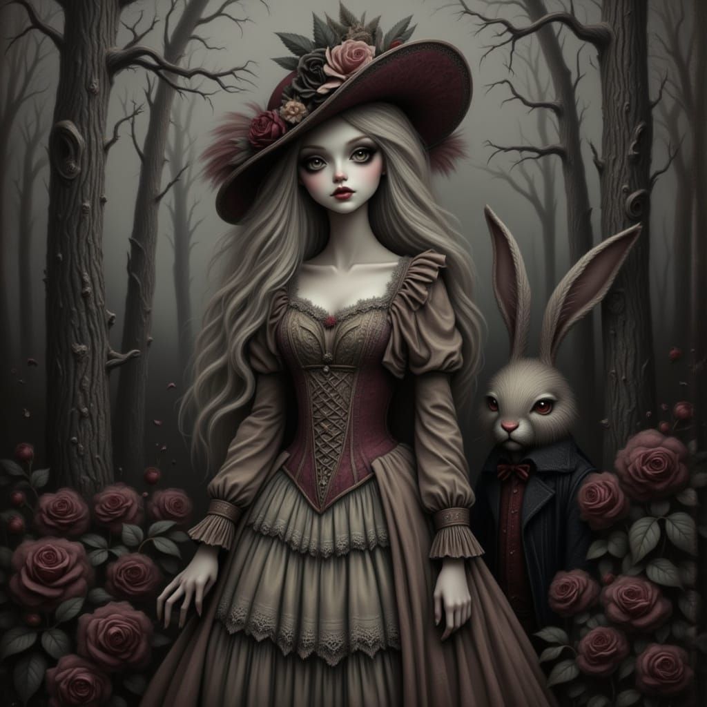 Gothic Victorian Girl and Rabbit Oil Painting