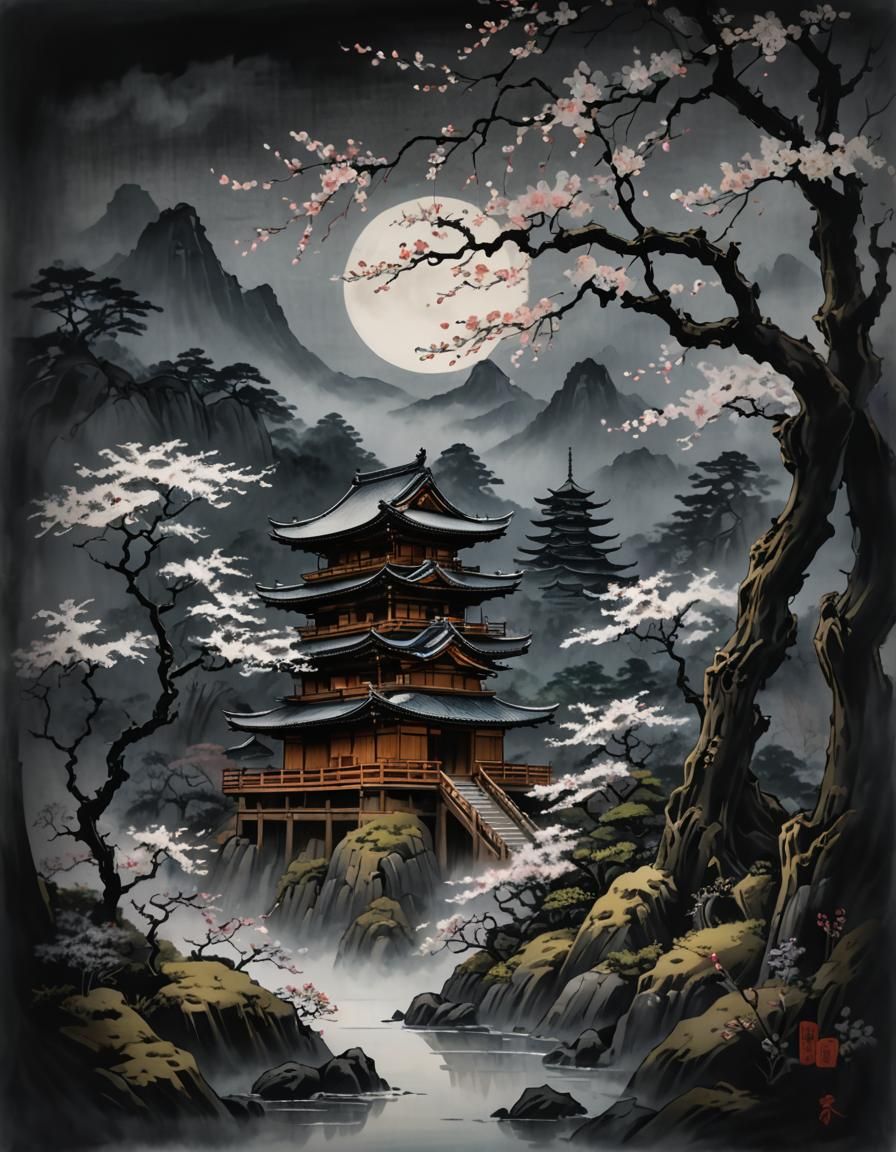 Youkai in Ancient Village: Japanese Calligraphy Art