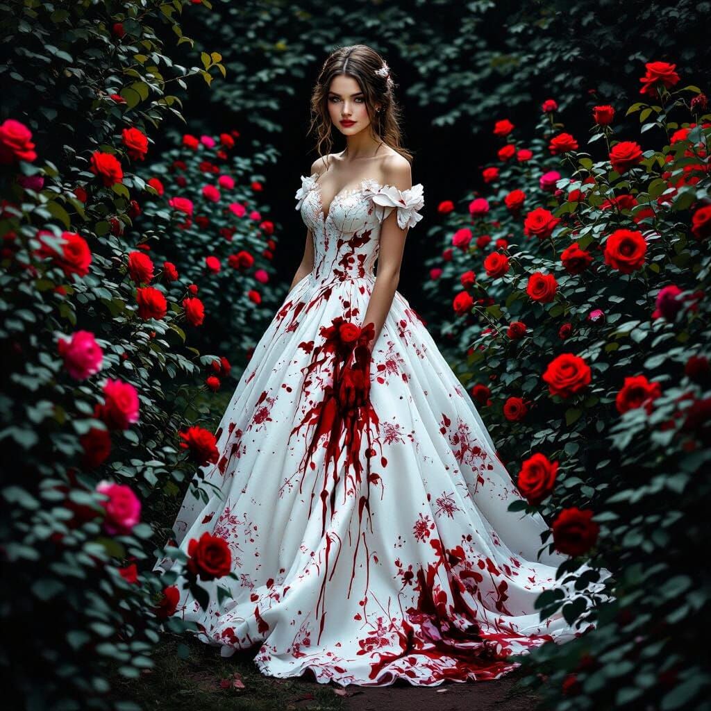 Gothic Fantasy Rose Garden with Blood-Stained Woman