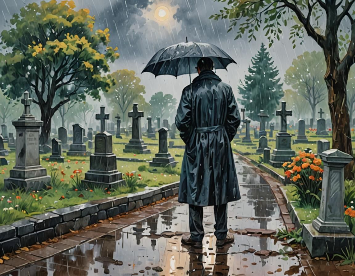 Mourning Man in Cemetery as Gouache Painting