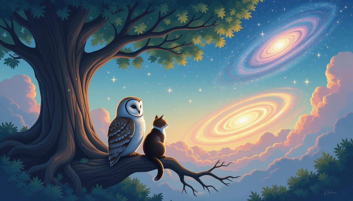 Owl and Cat on Celestial Tree Dusted with Starlight