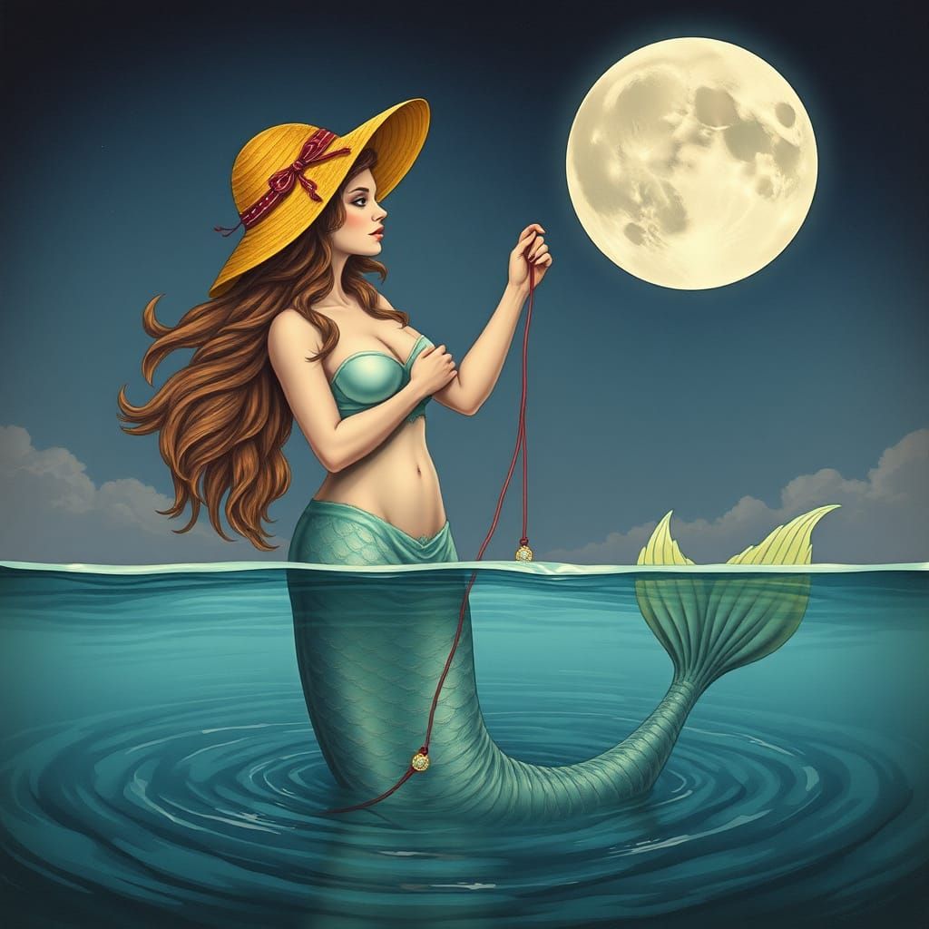 Siren Catches the Moon in Gouache Illustration