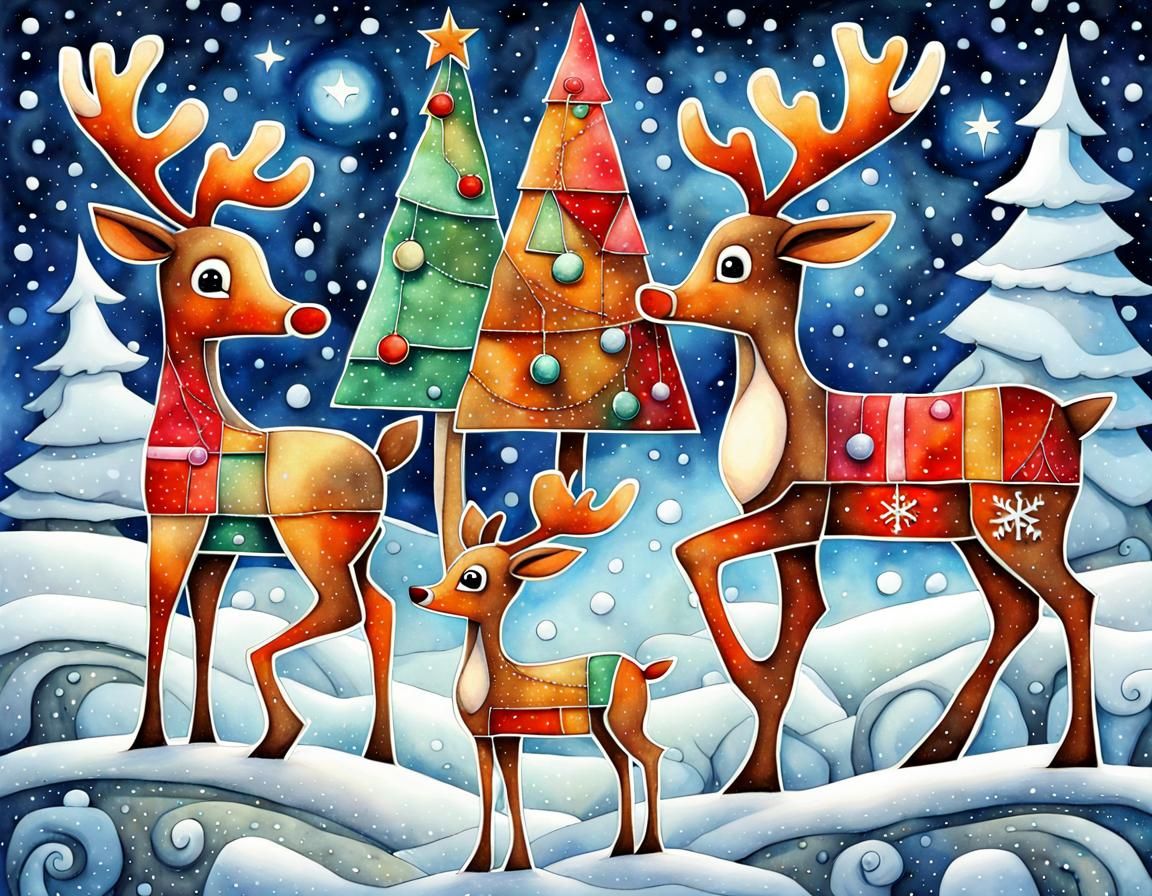 Festive Christmas Reindeer in Cubist Style