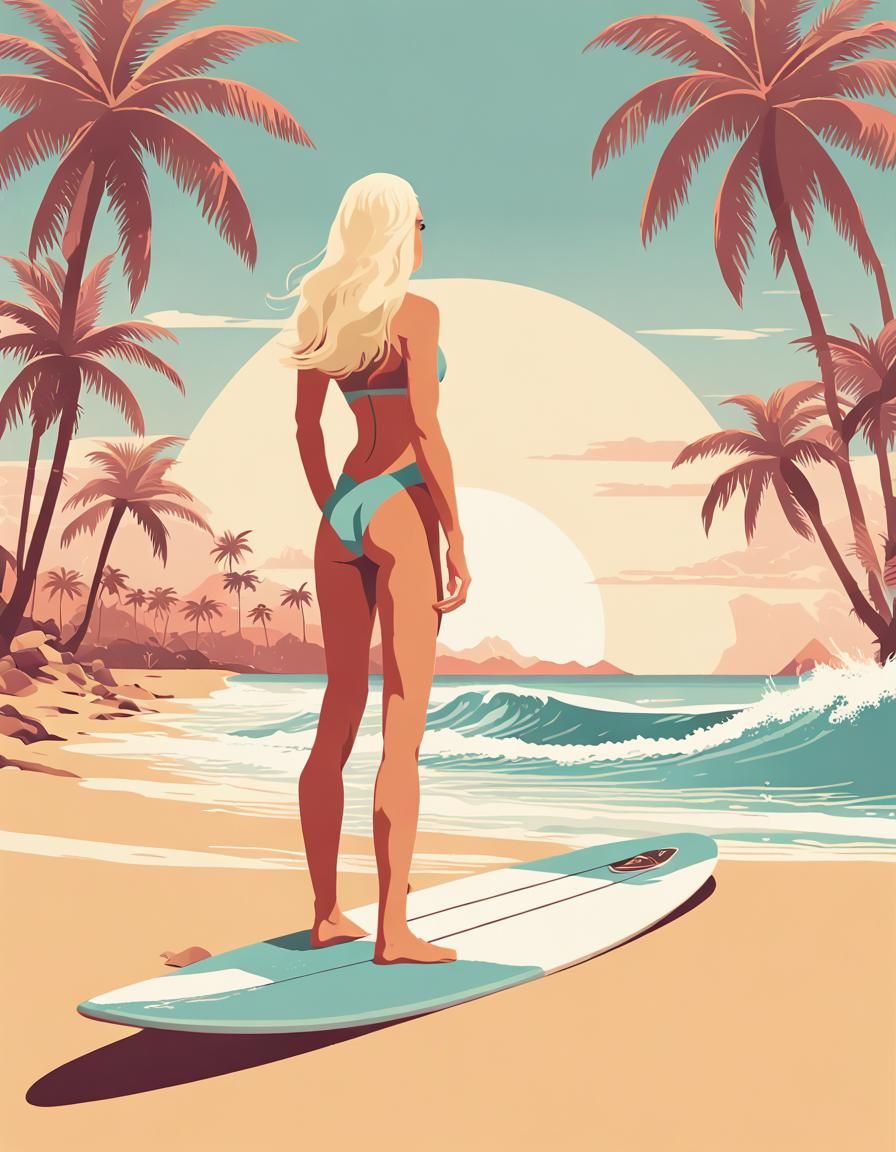Flat-Style Travel Poster of Blond Surfer on Beach