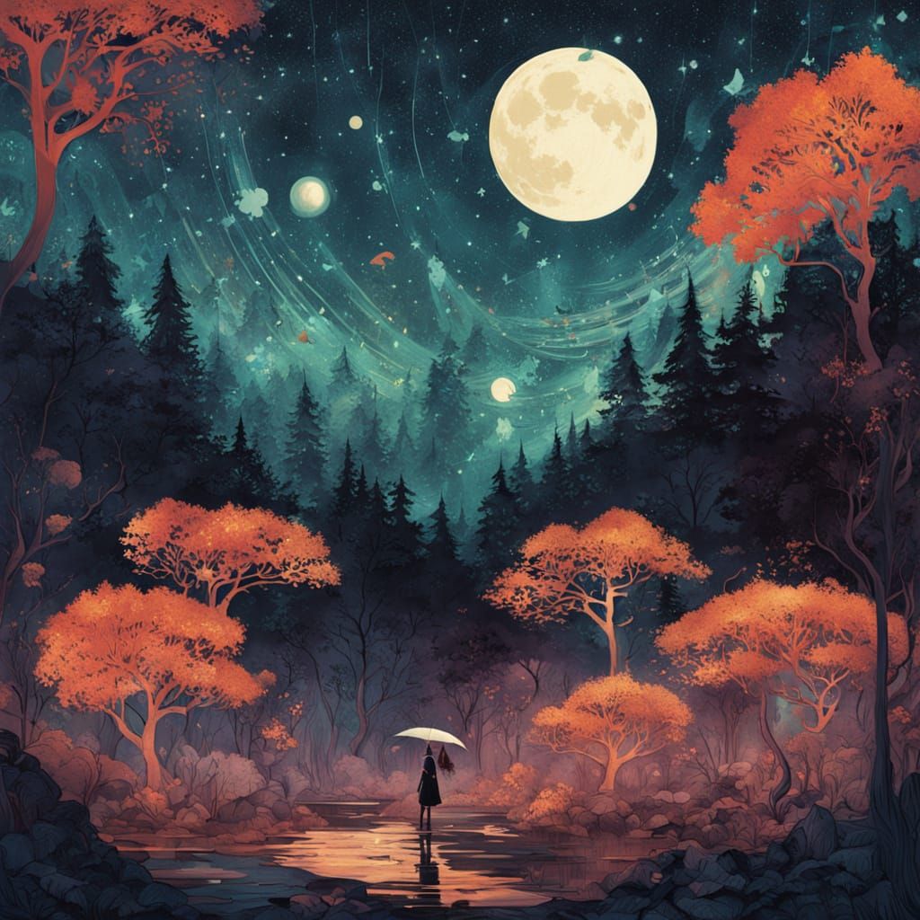 Surreal Starry Forest in Double Exposure Silhouette