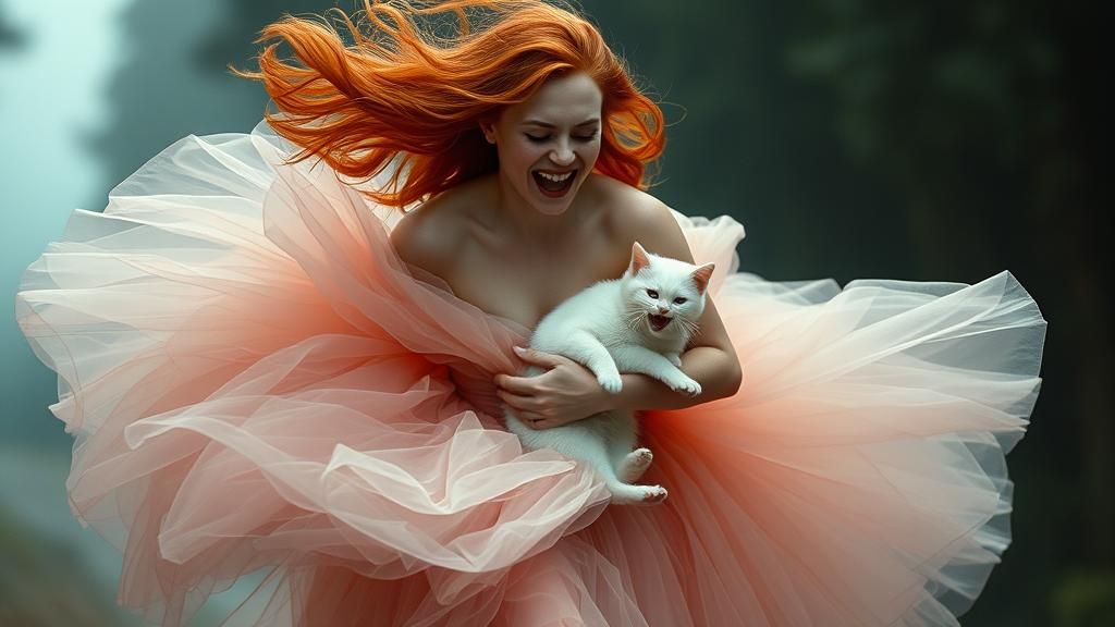 Woman in Pink Gown Runs with Cat