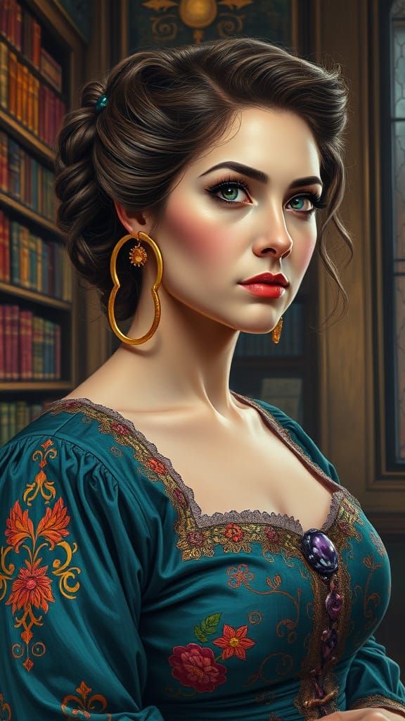 Victorian Woman in Library, Polychromatic Oil Painting