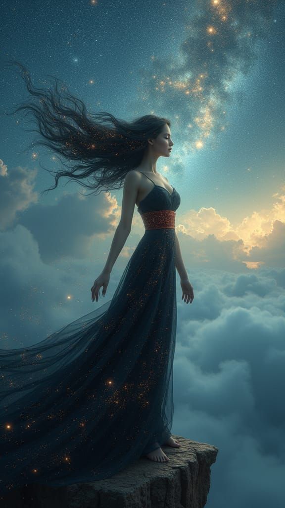 Celestial Goddess on Cliff Under Starlit Sky