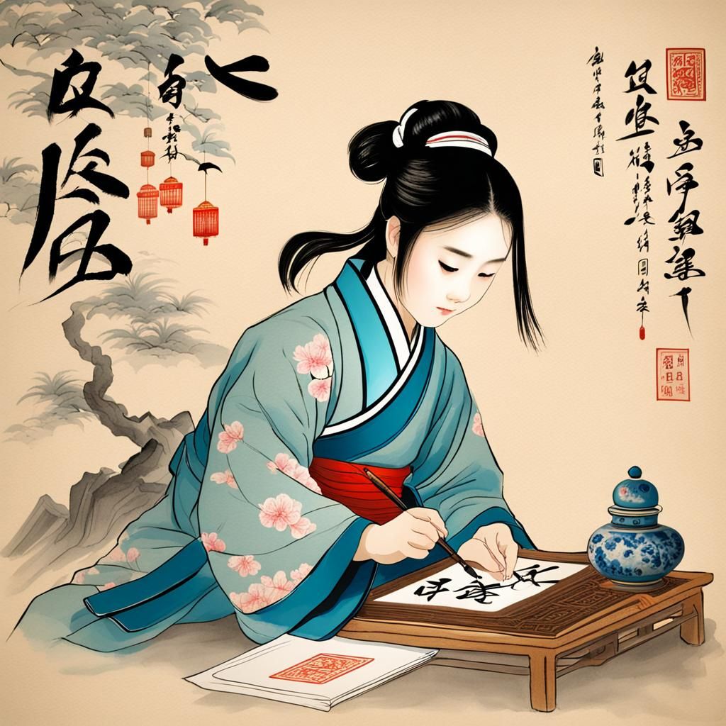 Young Chinese Girl Practicing Calligraphy