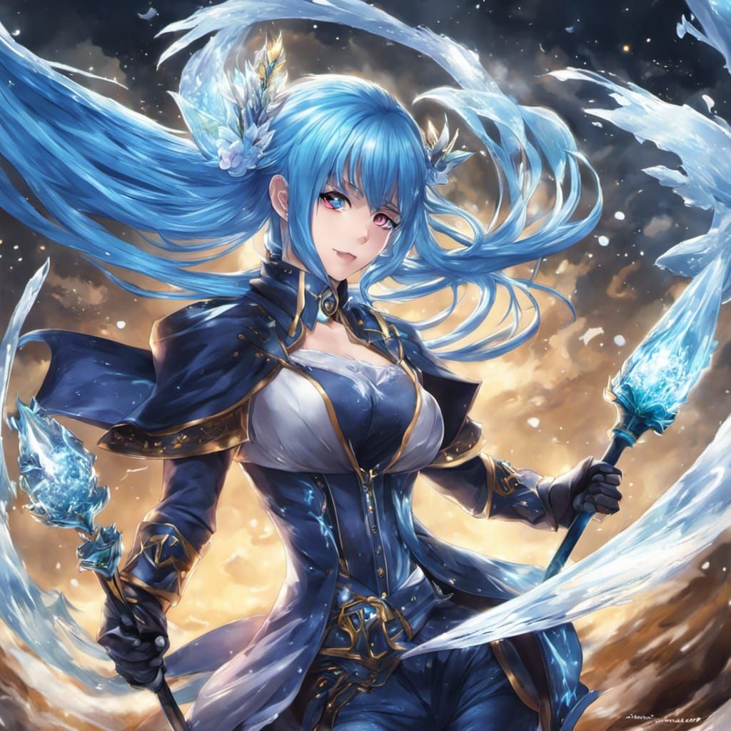 Blue-Haired Ice Wizard in Anime Style