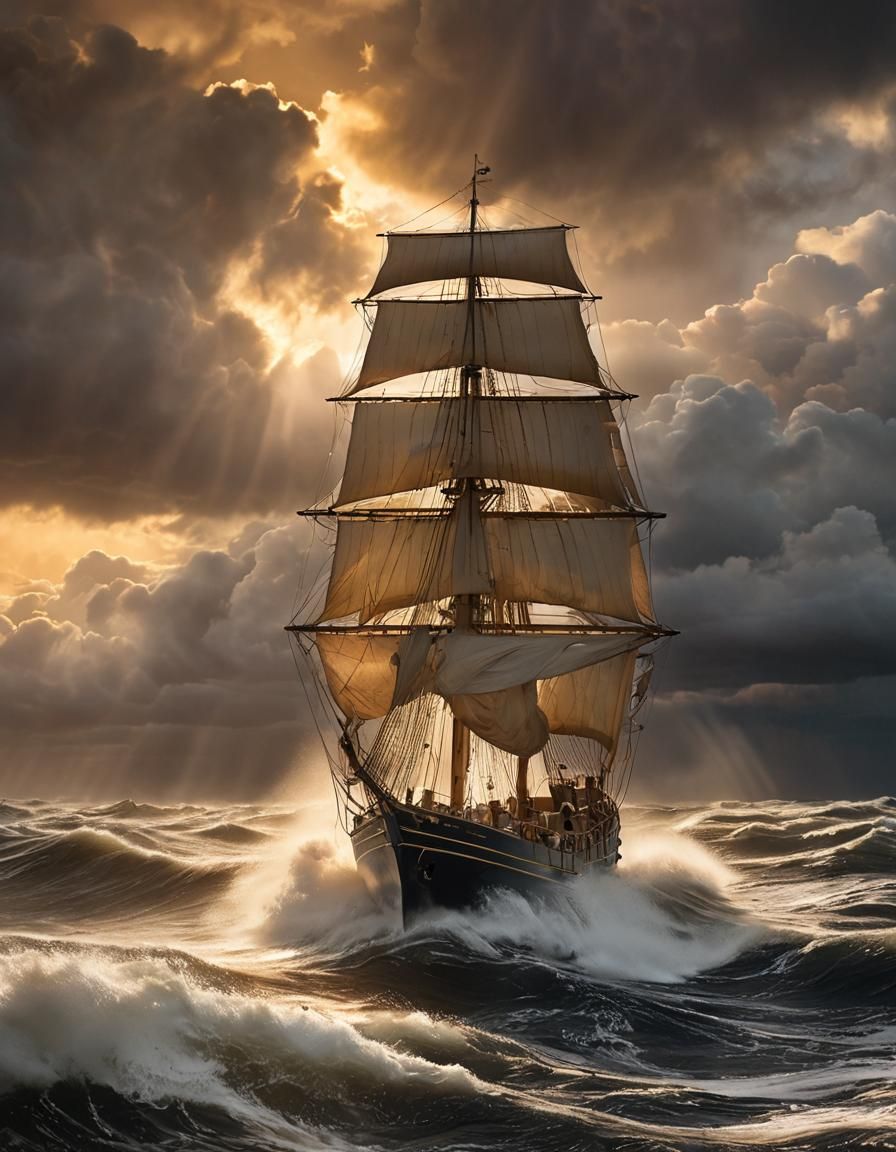 heading towards the camera A lone figure stands at the helm ...