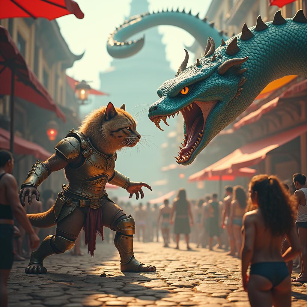 Armored Cat Versus Giant Serpent in Marketplace Battle