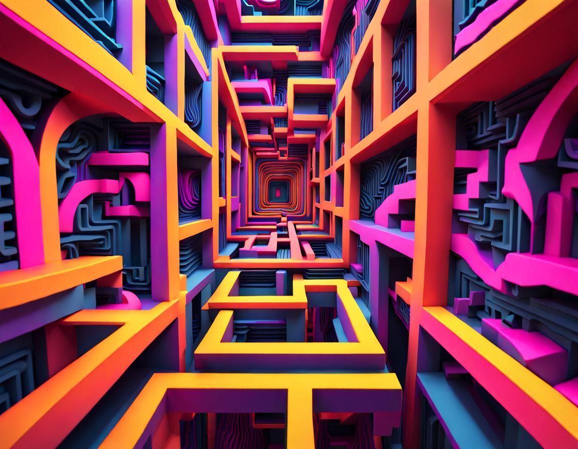 Hyperreal Maze in Escher-esque Neon Art