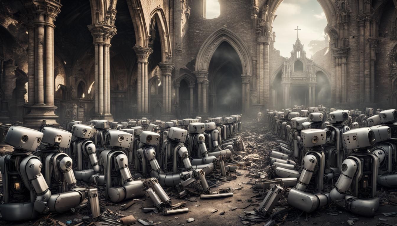 Begging Robots Outside Ruined Church: Hyperrealistic Image