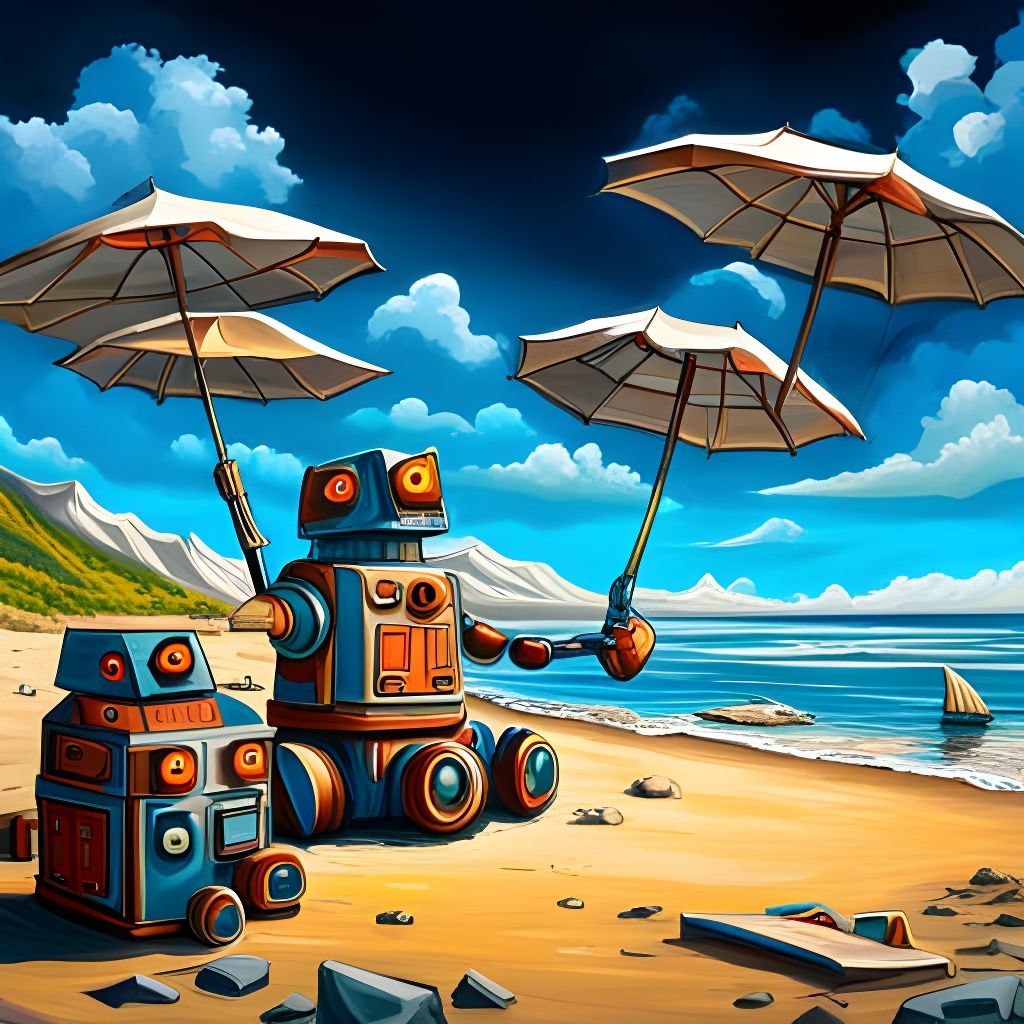 Robots' Beach Picnic: Colorful Graffiti-Style Illustration