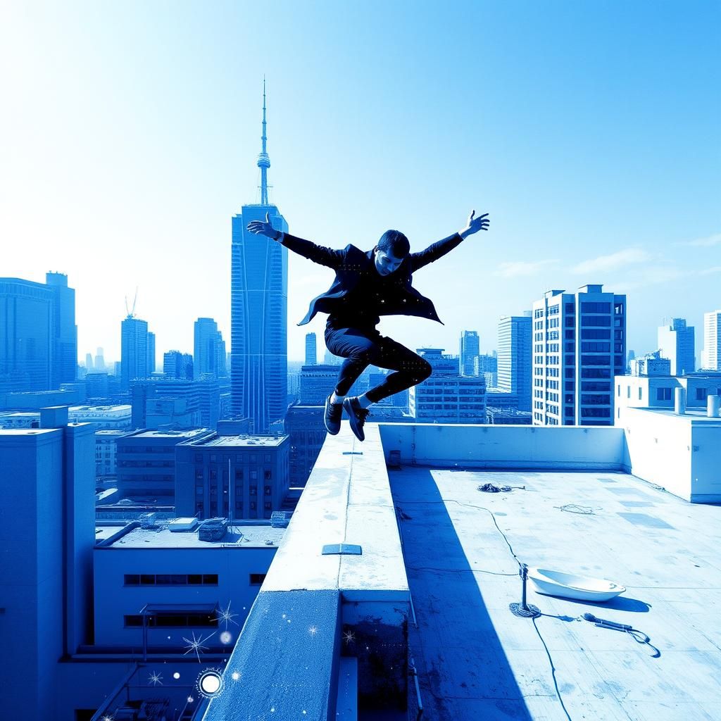Man Doing Parkour in Indigo Glitch Cityscape