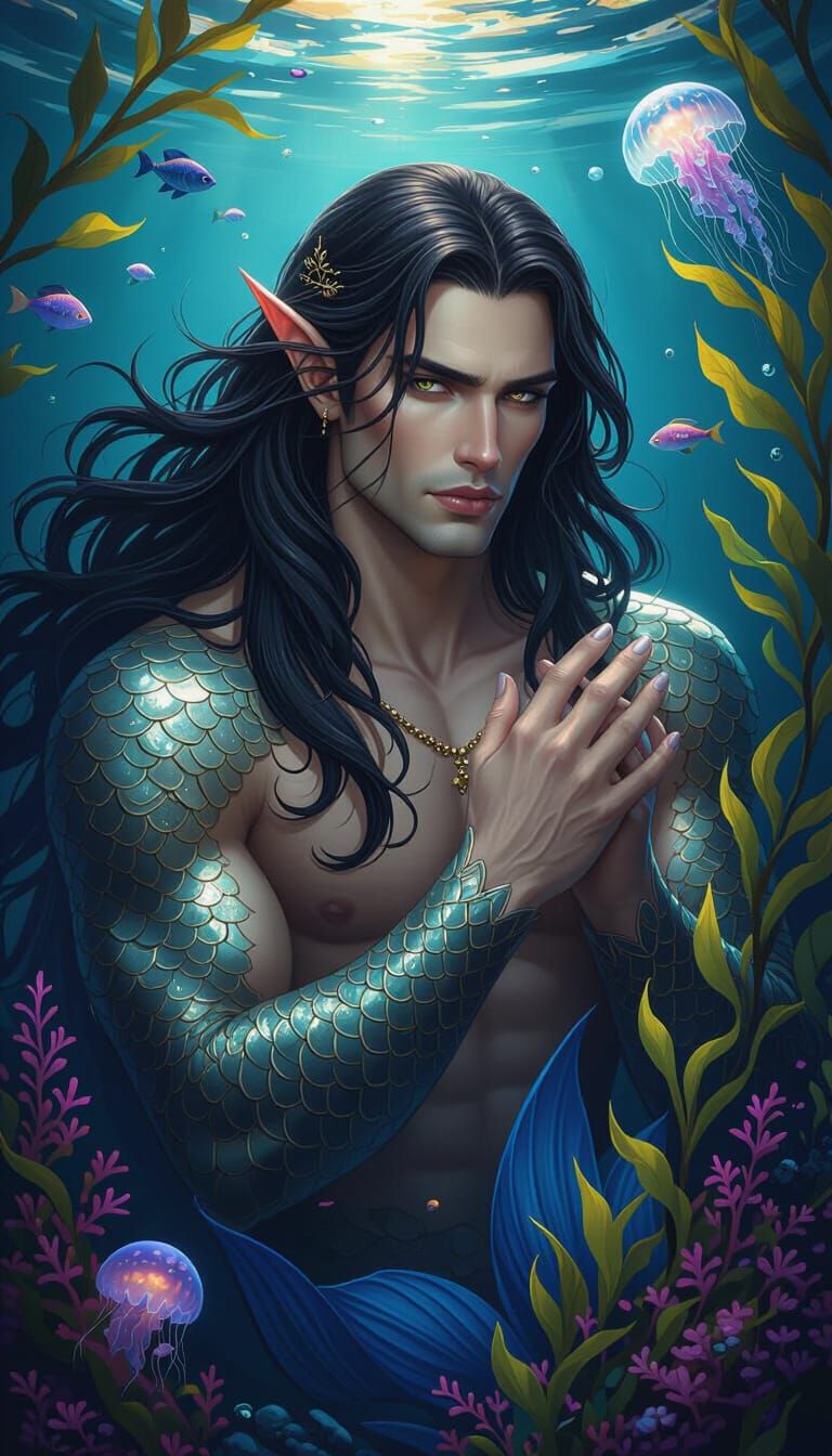 Majestic Merman in Dark Underwater Fantasy
