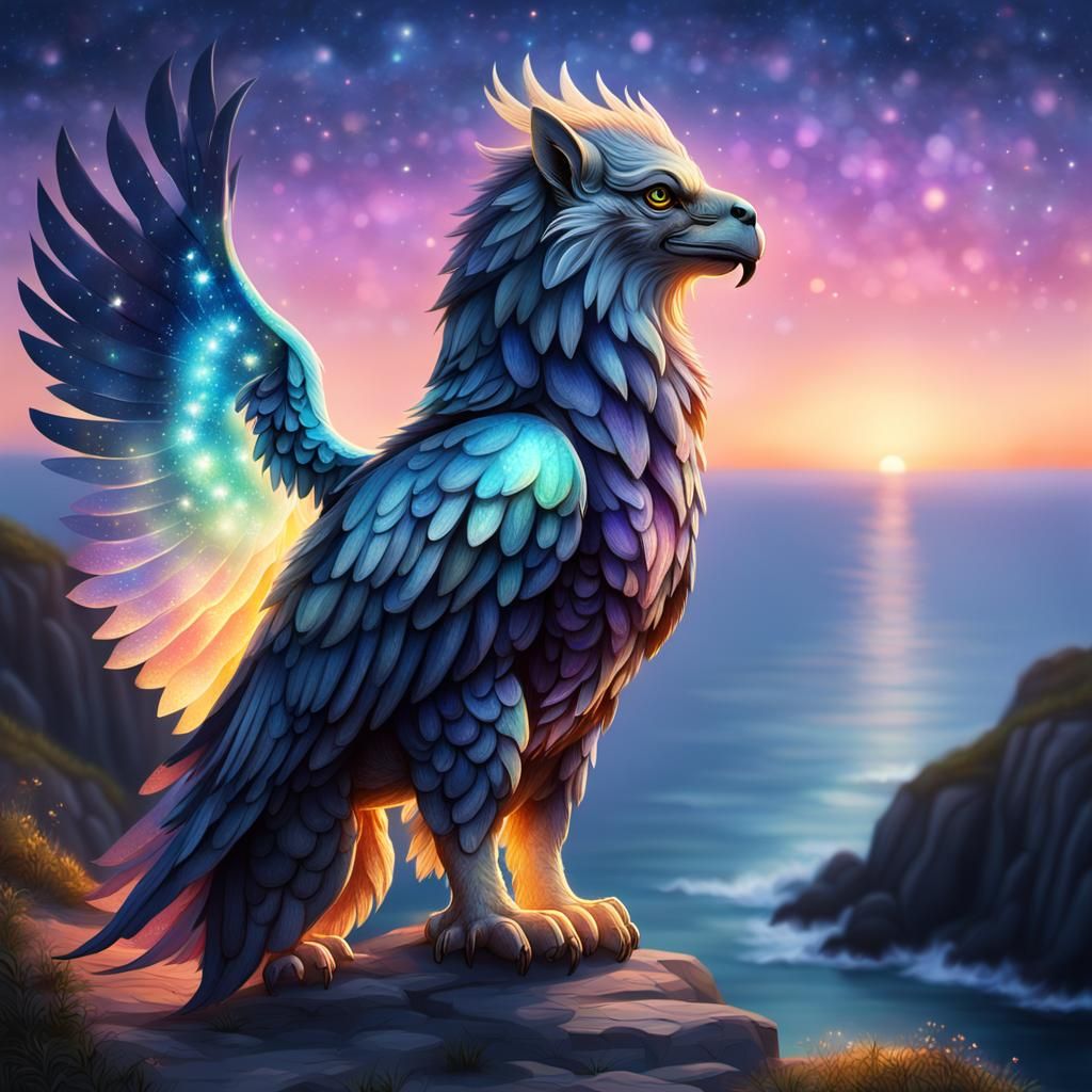 Gryphon Watching Sunset with Volumetric Lighting