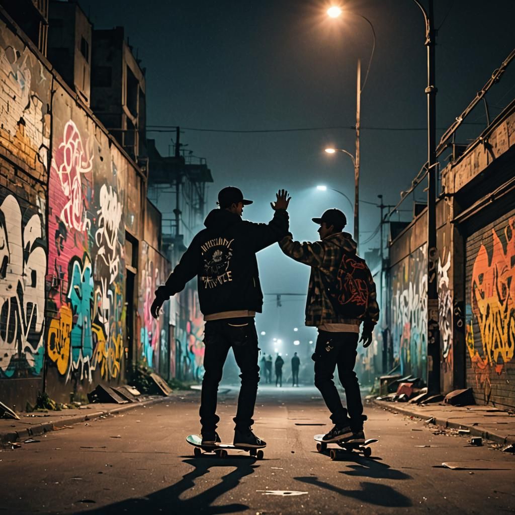 Skateboarders High-Fiving at Night in Graffiti Alley