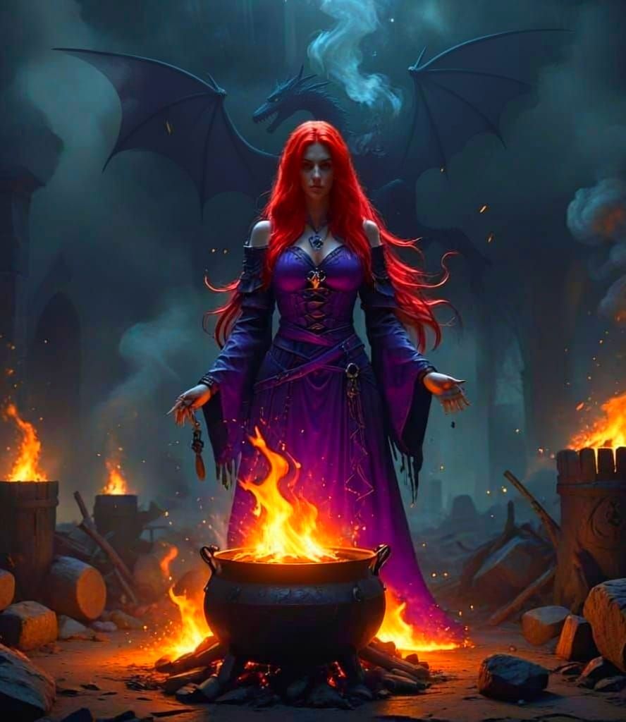 Witch Conjures Magic Over Fiery Cauldron in Shadowy Room