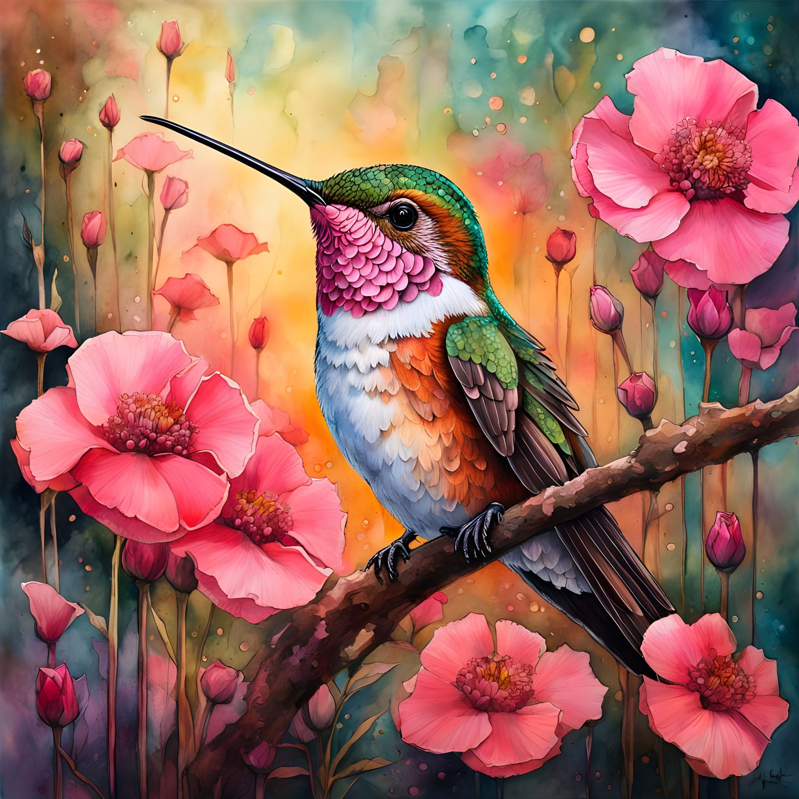 Hummingbird in garden of magical pink flowers