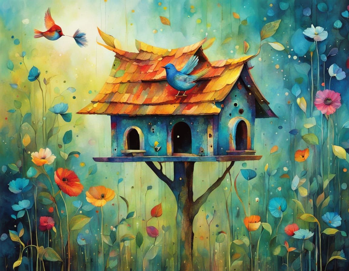 Magical Birdhouse Illustration in Cubist Style
