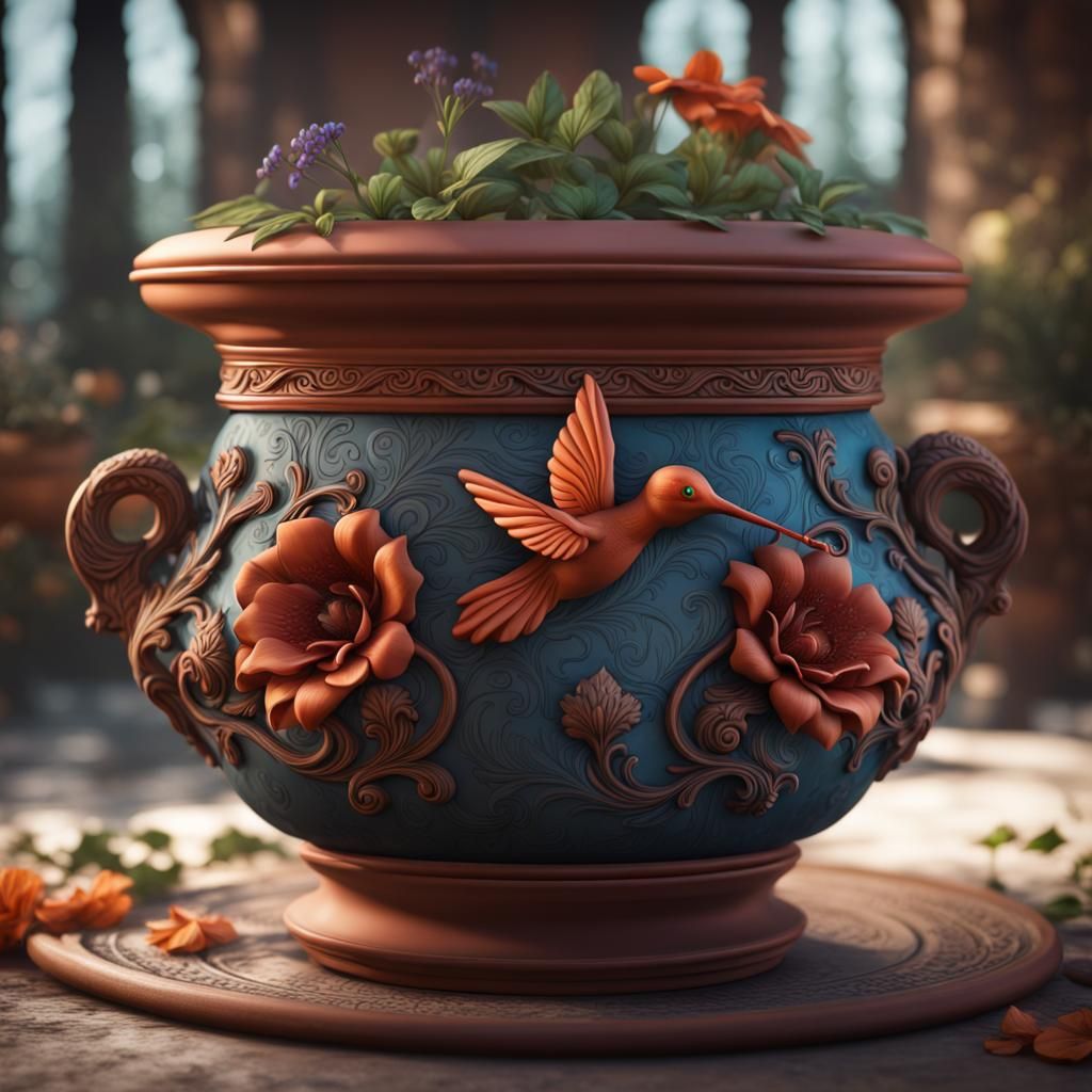 Fantastical Clay Pot with Intricate Hummingbird