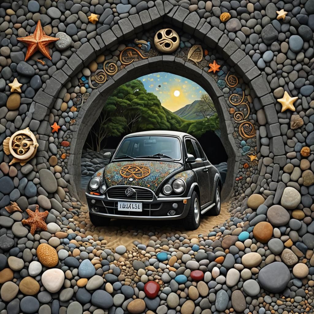 Surreal Pointillist Portrait with Car and Birdhouse