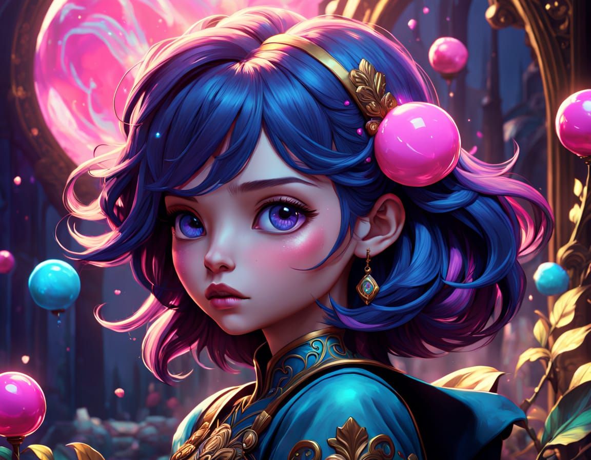 Vibrant Chibi Girl Chews Pink Bubblegum Amidst Whimsical Fan...