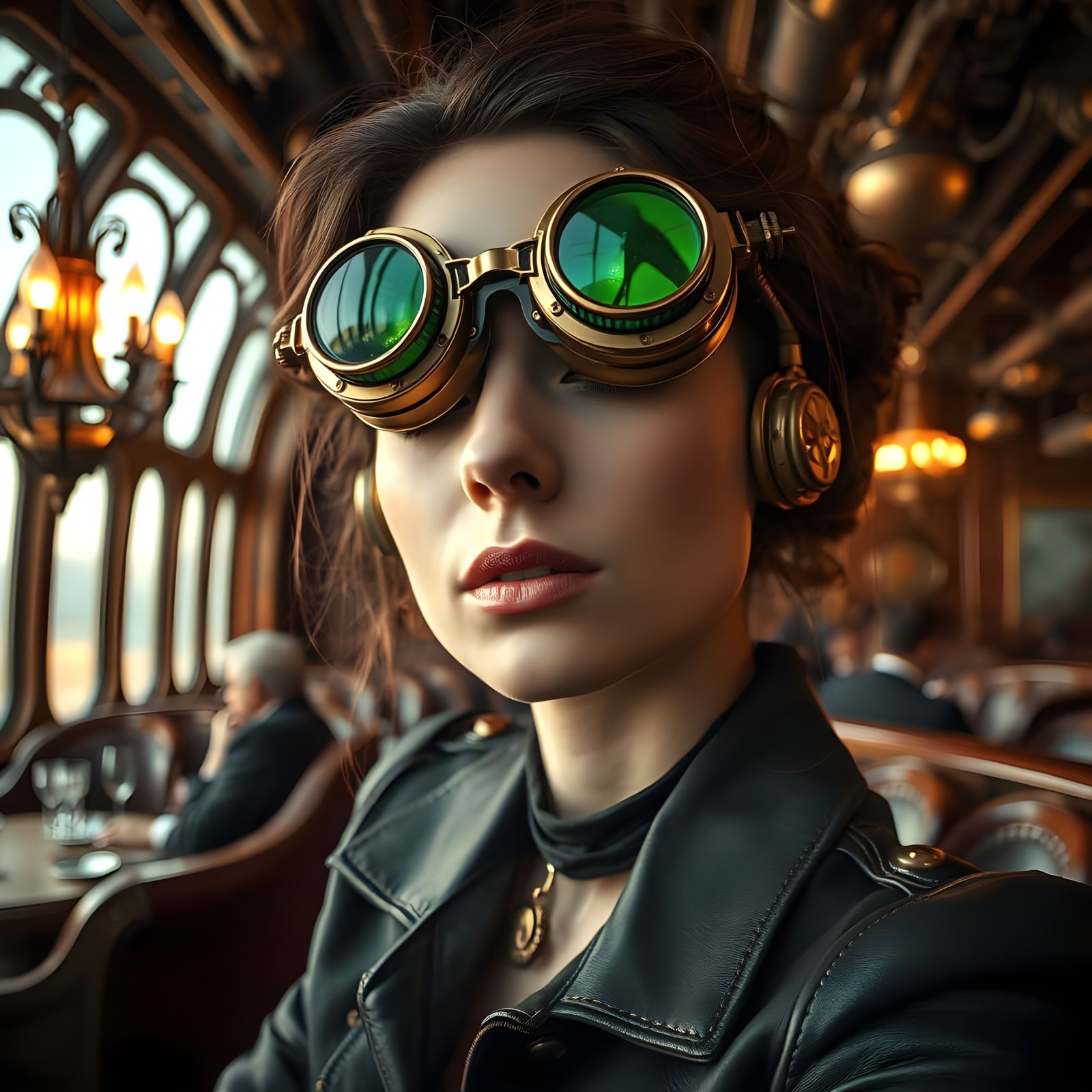 Steampunk Cyberpunk Portrait of a Woman with Emerald Goggles