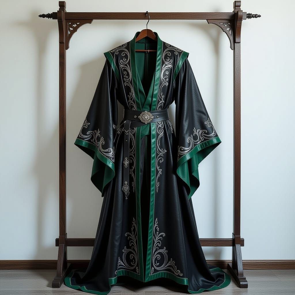 Black and Green Wizard Robe with Silver Embroidery