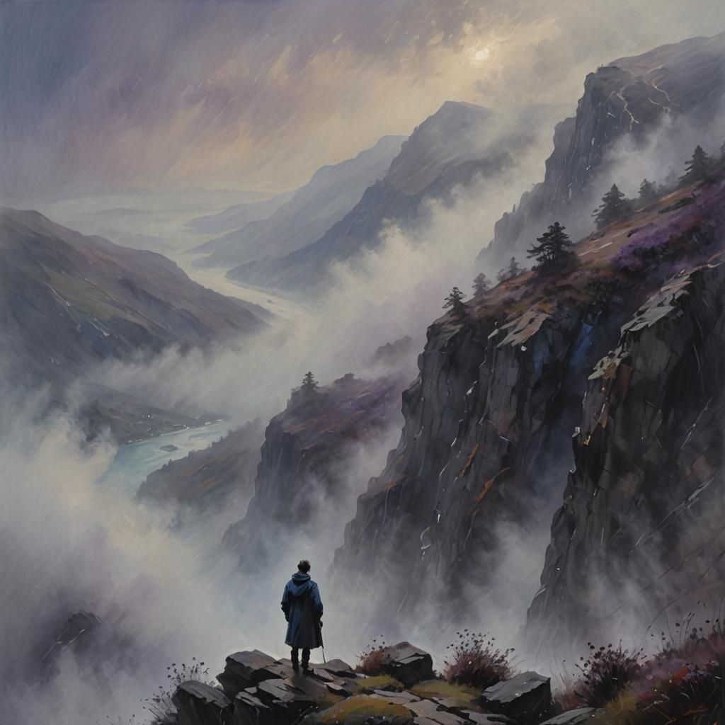 Misty Mountain Impressionist Painting of Solitary Figure