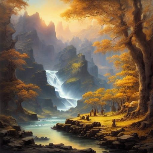 Majestic Yellowstone Waterfall Oil Painting