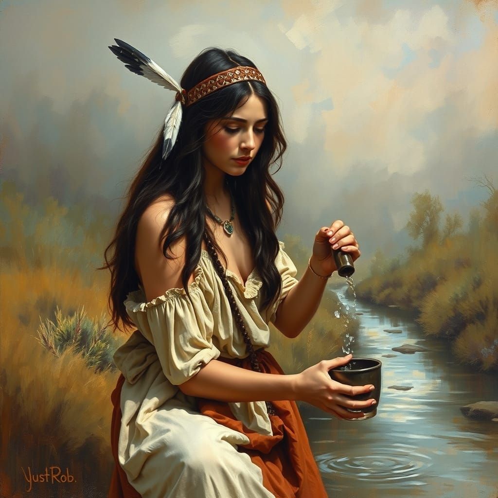 Native American Woman Fetching Water in Plains Village