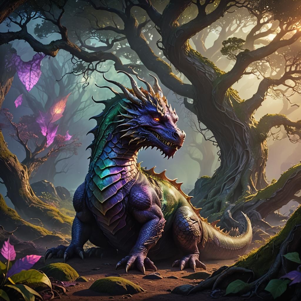 Fat Dragon in Misty Fantasy Landscape Concept Art