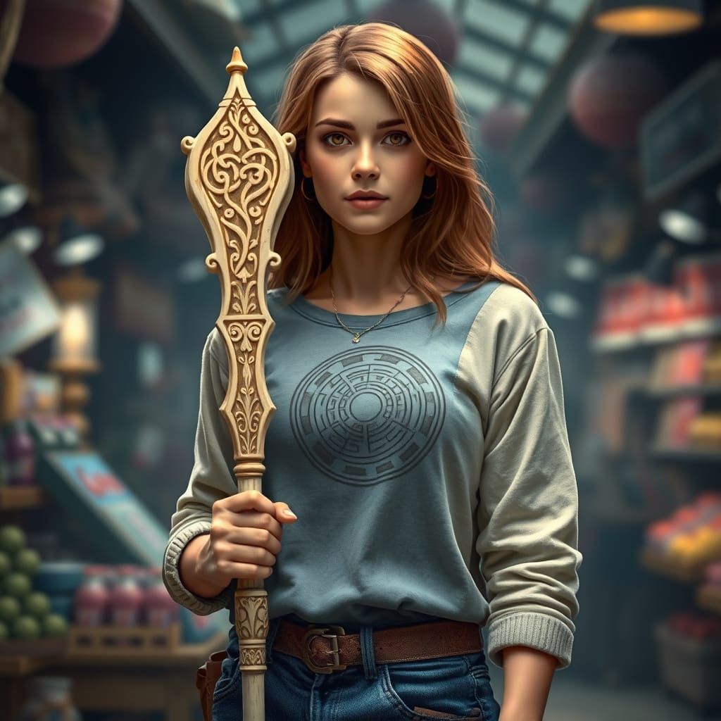 Woman Holding Engraved Ivory Scepter in Fantasy Market