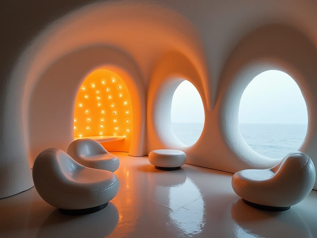 Surreal Floating Concrete Architecture with Lava Lamp Lighti...