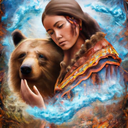 Native American Woman and Bear in Ethereal Mist