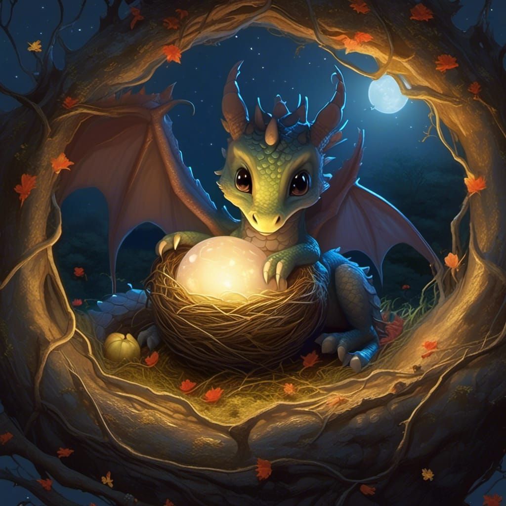 Adorable Baby Dragon and Mother in Starry Night
