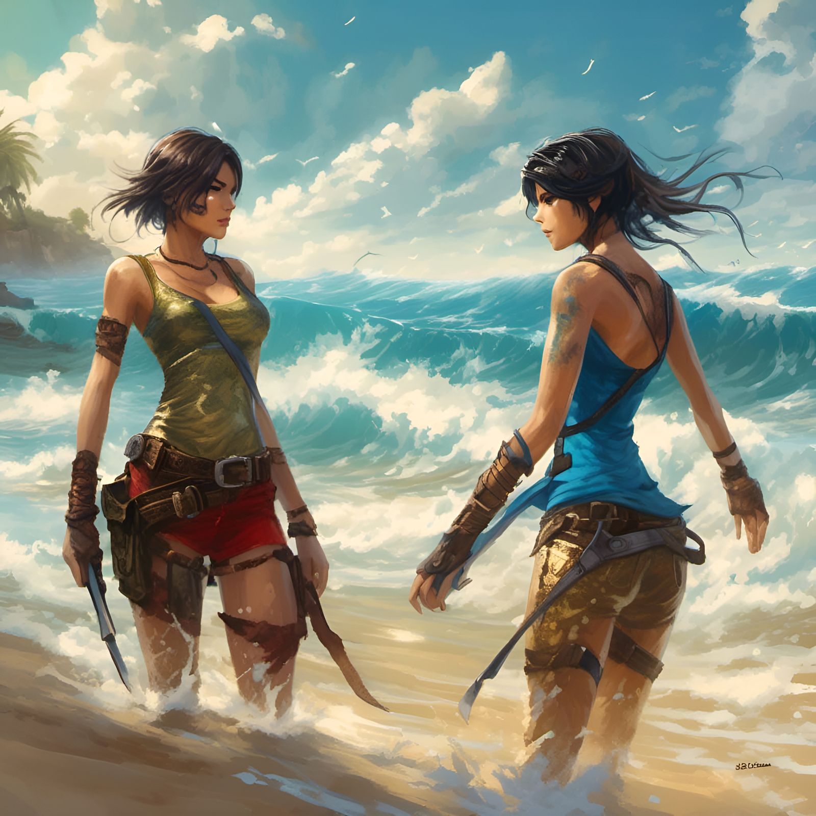 Hyperrealistic Beach Scene: Women Embrace on Golden Sands